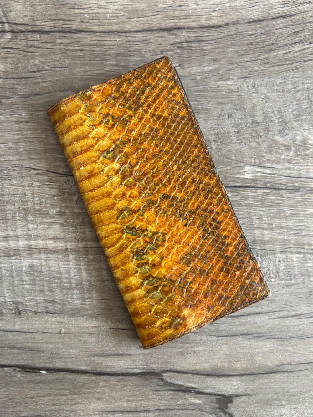 Veari Mexico Embossed Leather Checkbook Wallet Snake Print Brown